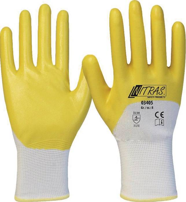 Handschuhe 03405 Gr.10 weiß/gelb PES m.Nitril EN 388 PSA II 12 NITRAS