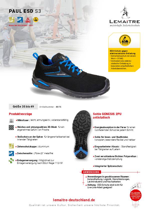 Sicherheitsschuh Paul Gr.41 schwarz/blau S3 SRC ESD EN20345 Mikrofaser LEMAITRE