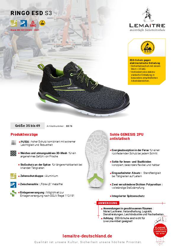 Sicherheitsschuh Ringo Gr.43 schwarz/grün S3 SRC ESD EN20345 Textil LEMAITRE