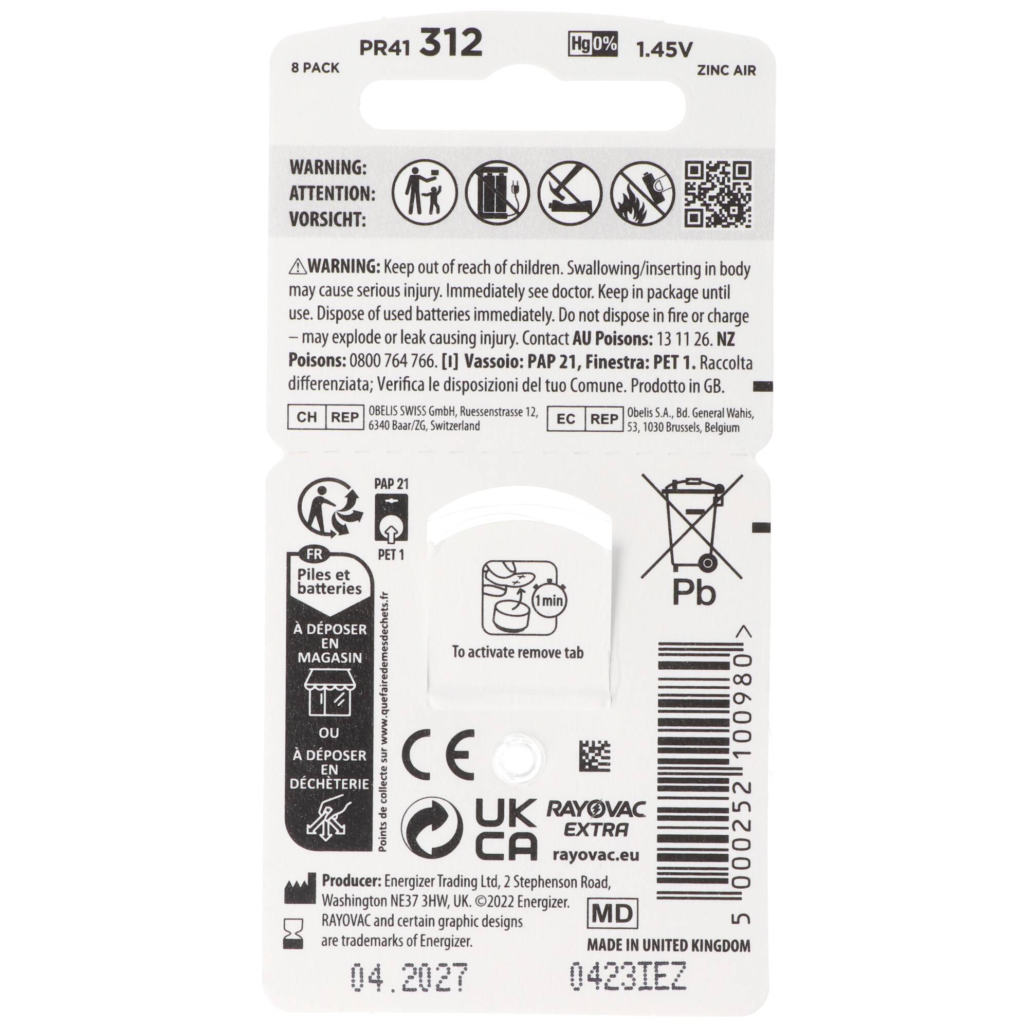 Rayovac HA312 PR41 Hörgeräte Batterien Extra Advanced 8er Sparpack 6 + 2 Gratis 5000252100980, Lieferung besteht aus 8 S