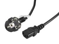 Schwarzes Stromkabel mit einem europäischen Wandstecker auf der einen Seite und einem rechteckigen IEC-Stecker auf der anderen Seite.