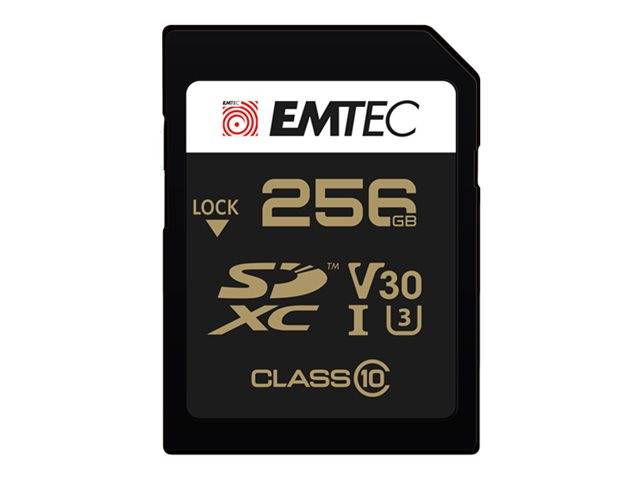 EMTEC 256GB SDXC-Speicherkarte mit V30- und Class-10-Kennzeichnung, Vorderansicht mit Sperrschieber.