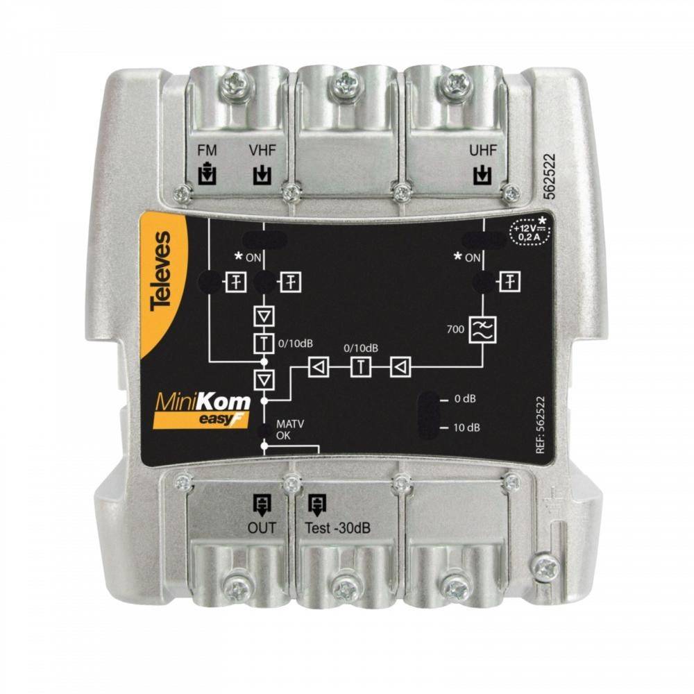 Ein Signalverstärker mit beschrifteten Eingängen und Ausgängen für FM-, VHF- und UHF-Frequenzen, mit Diagramm und der Aufschrift 'Televes MiniKom easy'.