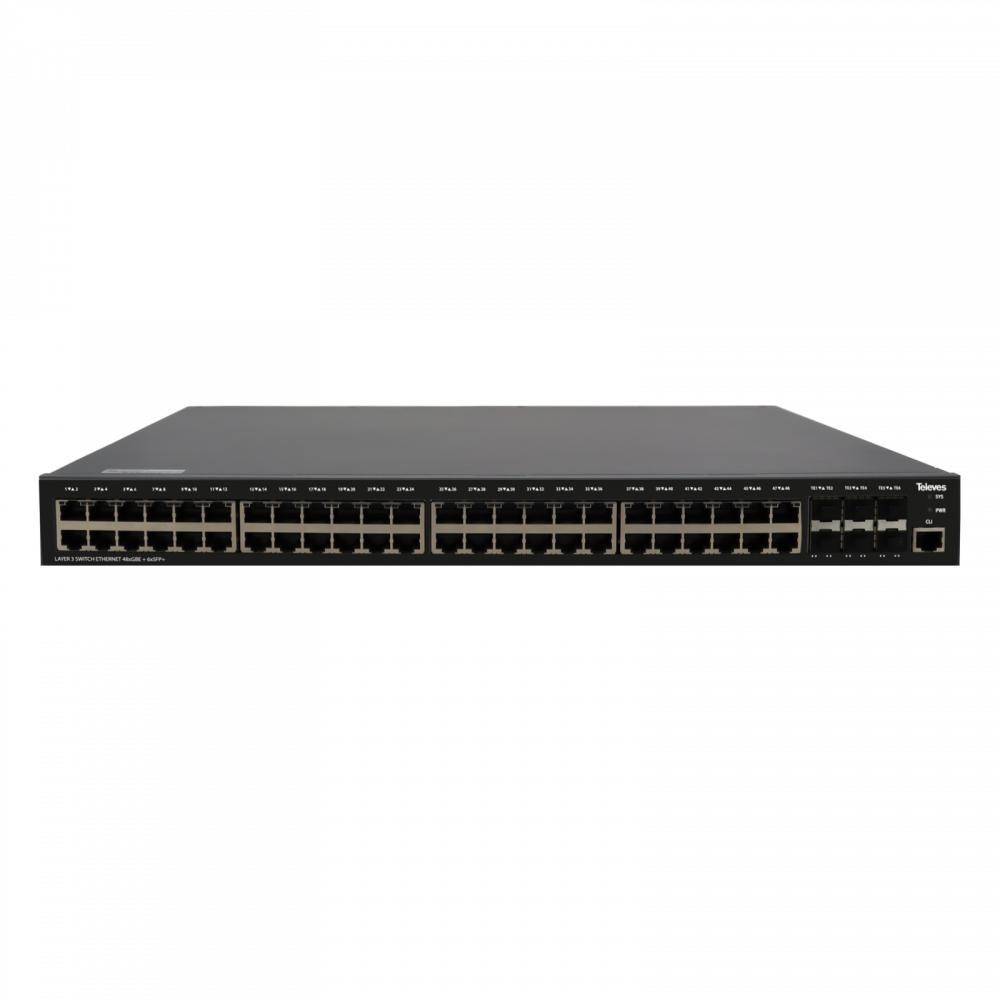 Ein schwarzer Netzwerk-Switch mit 48 Ethernet-Ports und vier Uplink-Ports wird vor einem weißen Hintergrund dargestellt.