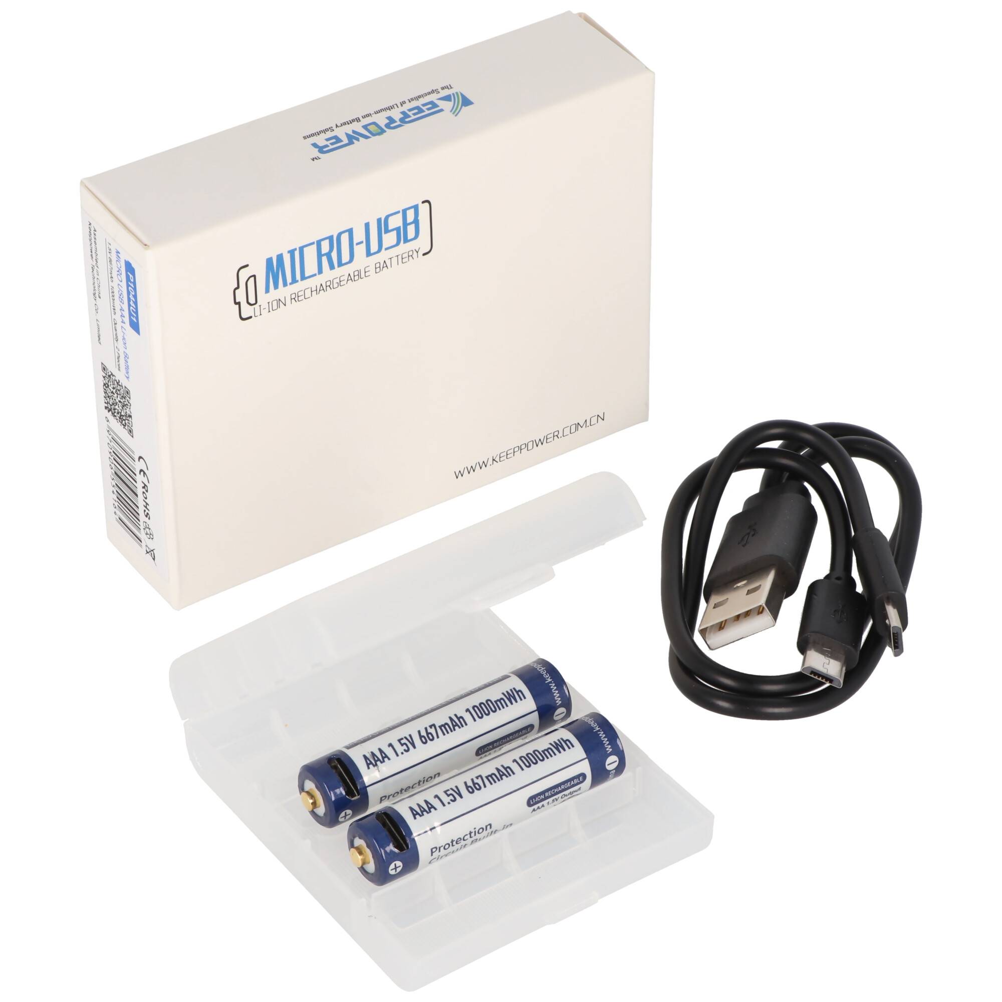 2 Stück Keeppower AAA 1,5V 1000mWh Lithium Ionen Akku, Micro, AAA, LR03, mit USB-Ladebuchse, wiederaufladbar über micro