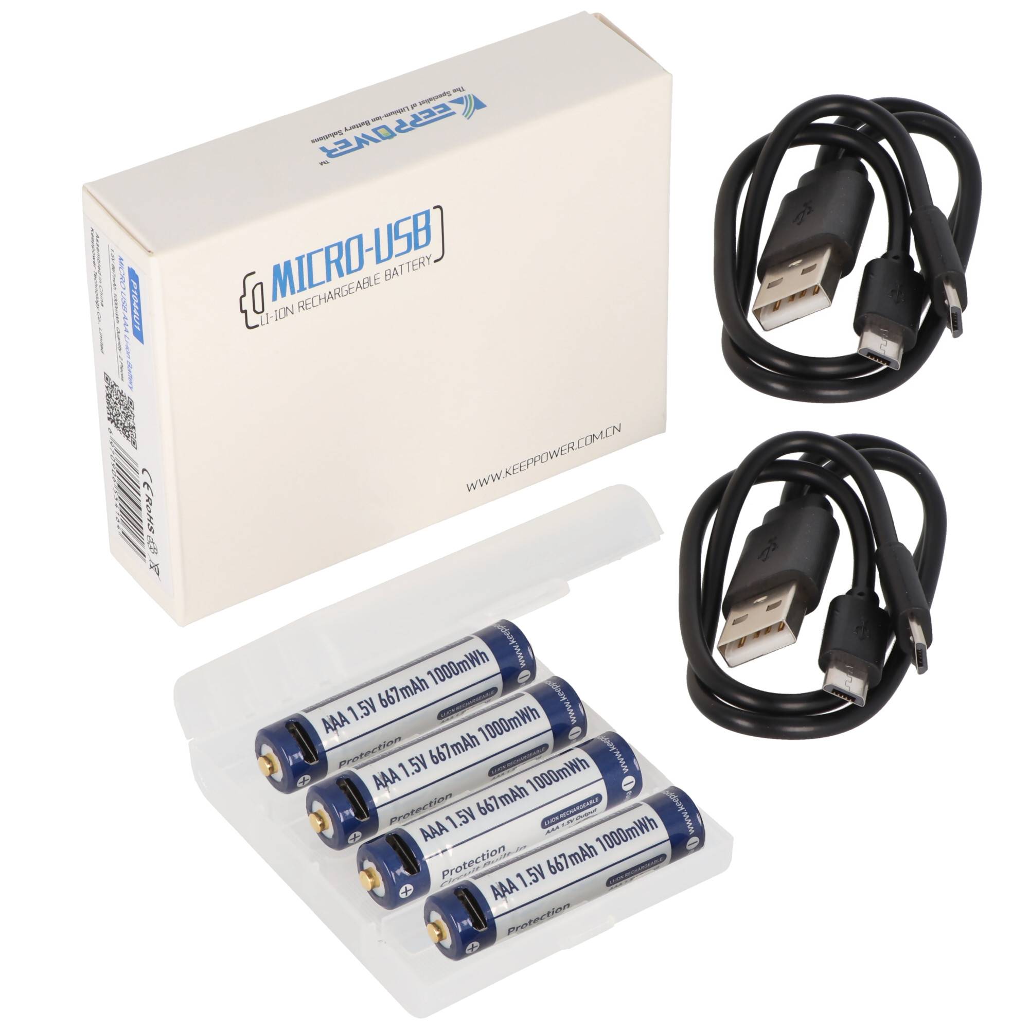 4 Stück Keeppower AAA 1,5V 1000mWh Lithium Ionen Akku, Micro, AAA, LR03, mit USB-Ladebuchse, wiederaufladbar über micro