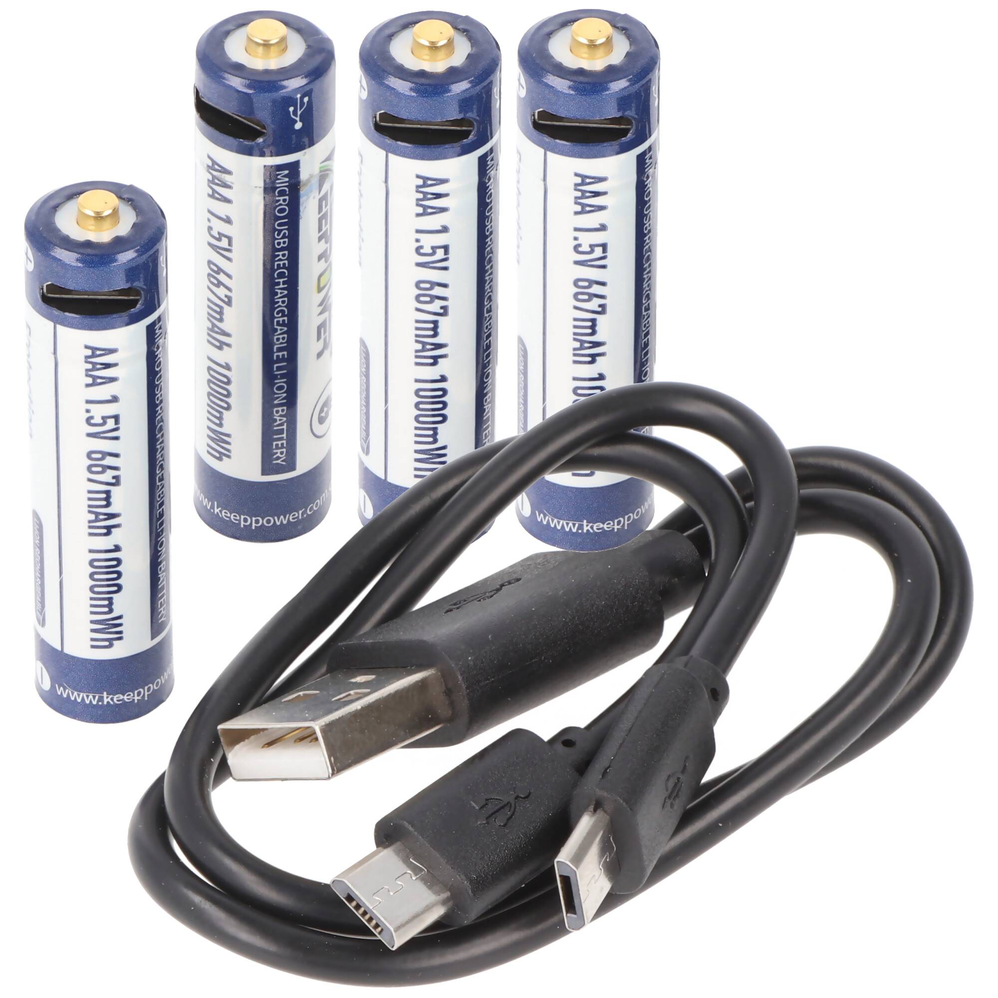 4 Stück Keeppower AAA 1,5V 1000mWh Lithium Ionen Akku, Micro, AAA, LR03, mit USB-Ladebuchse, wiederaufladbar über micro