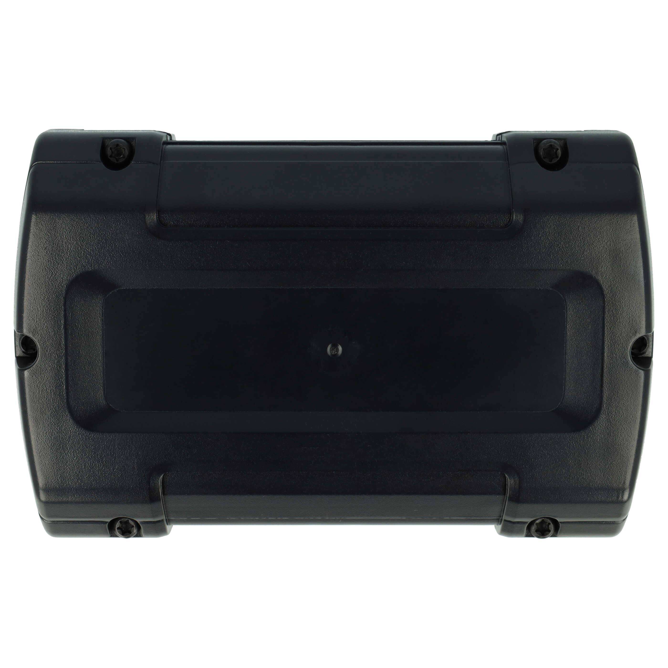 Ein rechteckiges schwarzes Kunststoffgehäuse mit abgerundeten Kanten und sichtbaren Befestigungsschrauben, von oben betrachtet.