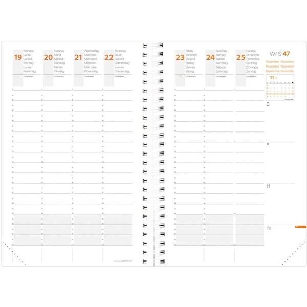 Wochenplaner-Doppelseite für KW 47 mit den Tagen Montag 19 bis Sonntag 25, linierte Abschnitte für Notizen und Zeitpläne, und eine kleine Monatskalender-Einschaltung.