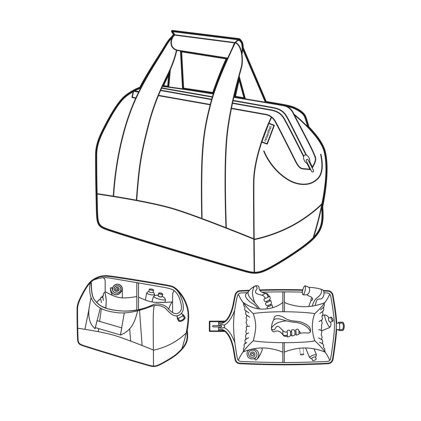 Strichzeichnung einer Reisetasche mit offener Innenansicht, die Taschen und Fächer im Inneren zeigt.