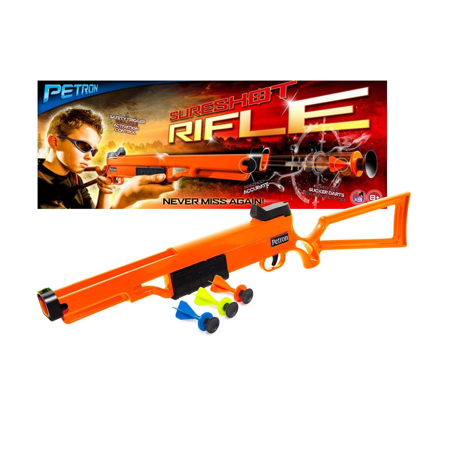 Petron 162/3 SURESHOT Kinder Pump Action Gewehr mit 3 Pfeilen, orange/schwarz