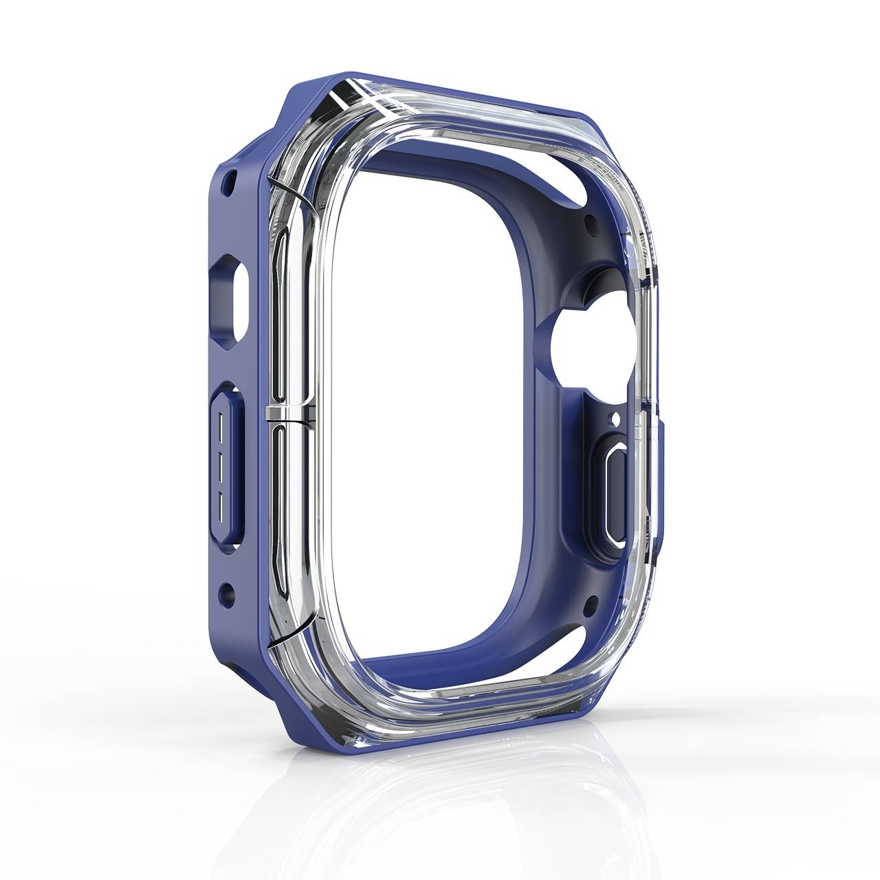 Blauetransparente Schutzhulle für eine Smartwatch, dargestellt in einer Dreiviertelperspektive auf weißem Hintergrund.