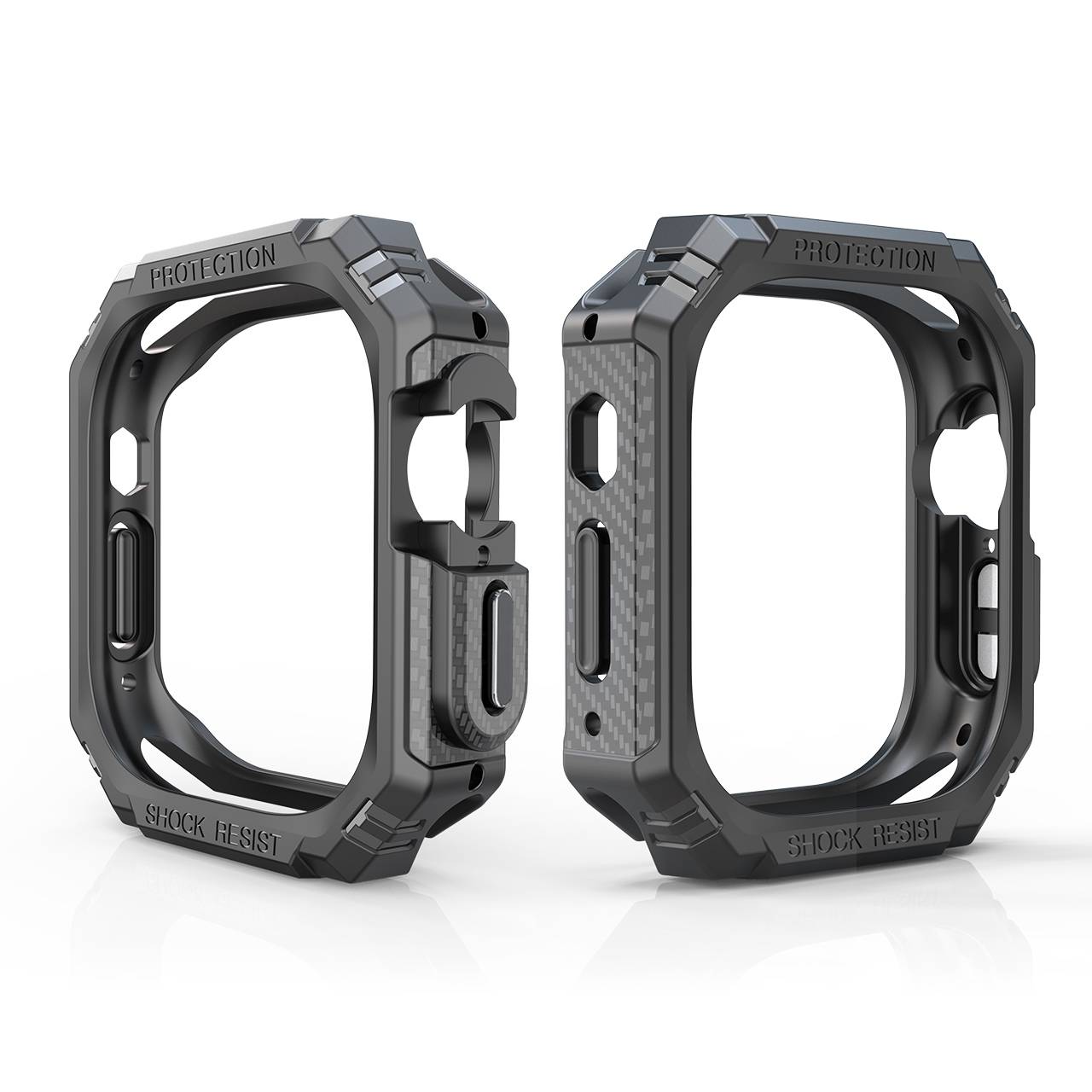 Zwei Ansichten einer robusten schwarzen Schutzhülle für eine Smartwatch, die Ausschnitte und erhöhte Kanten zum Schutz des Displays und der Tasten zeigen.