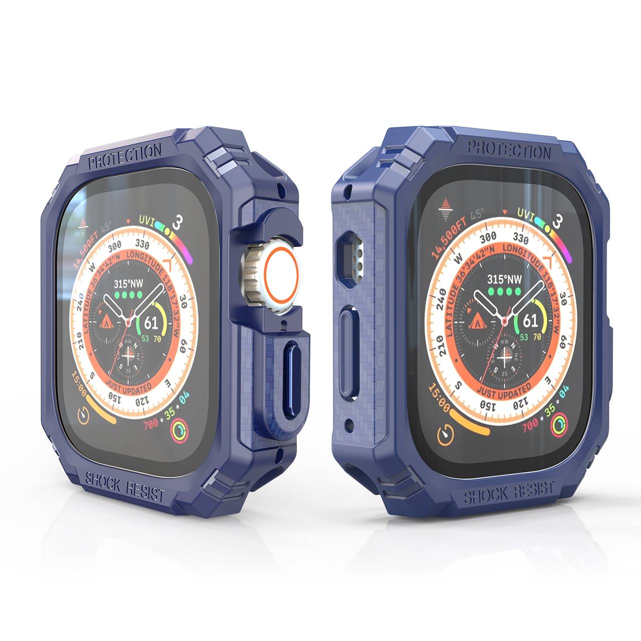 Zwei robuste blaue Smartwatch-Gehäuse nebeneinander, mit erhöhter Lünette, seitlichen Tasten und einem digitalen Zifferblatt, das Kompass-, UV- und Wetterdaten anzeigt.