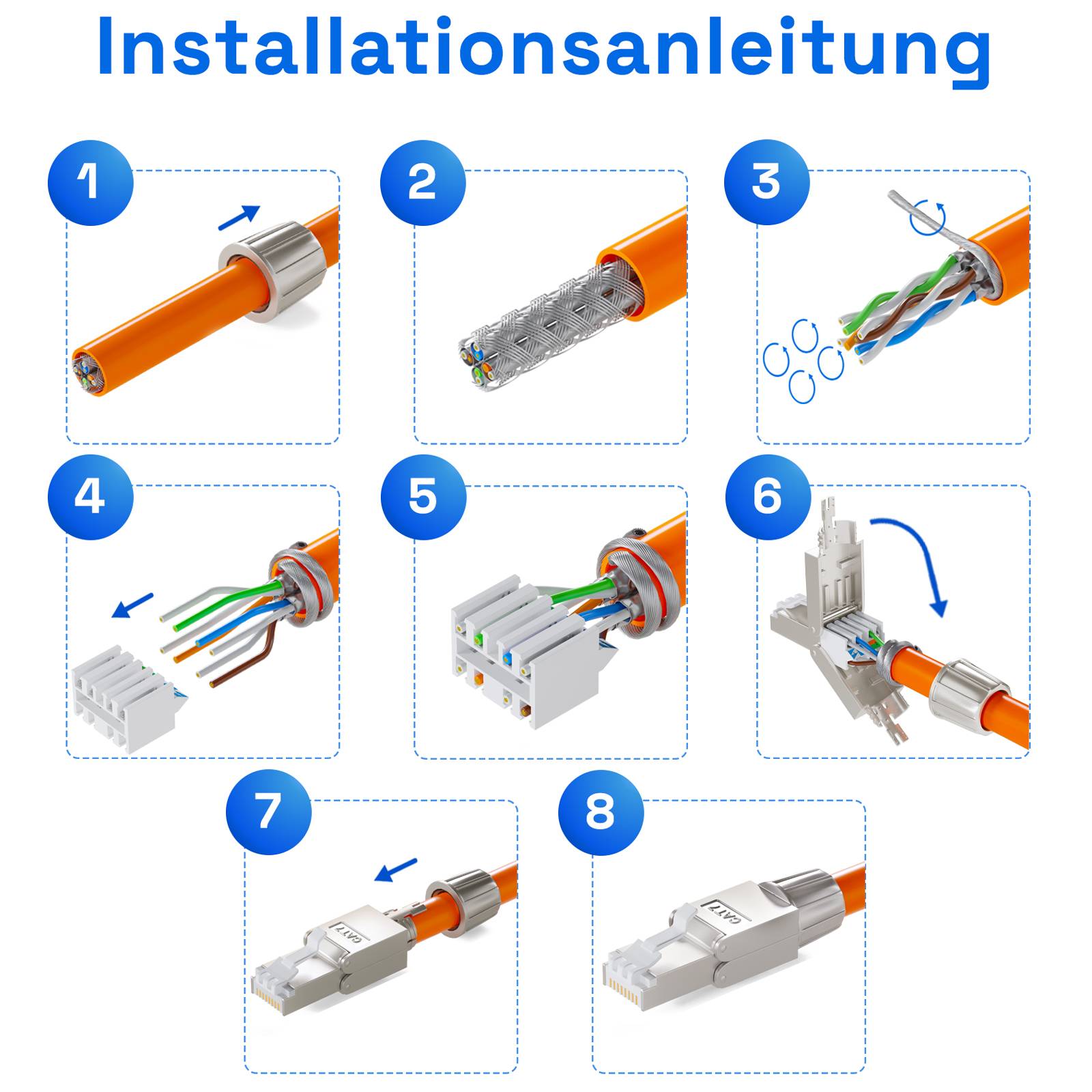 hb-digital 8x Netzwerkstecker CAT7 schmal RJ45 LSA STP Zinklegierung