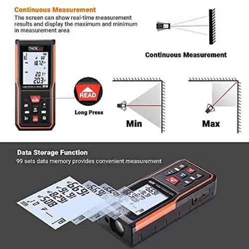 TACKLIFE S5-60, 60 m Laser-Entfernungsmesser, Lasermessgerät, USB-Aufladung, ±2 mm Genauigkeit, elektronischer Winkelsensor, 99 Speicher, m/in/ft/ft TACKLIFE S5-60, 60 m Laser-Entfernungsmesser, Lasermessgerät, USB-Aufladung, ±2 mm Genauigkeit, elektronischer Winkelsensor, 99 Speicher, m/in/ft/ft