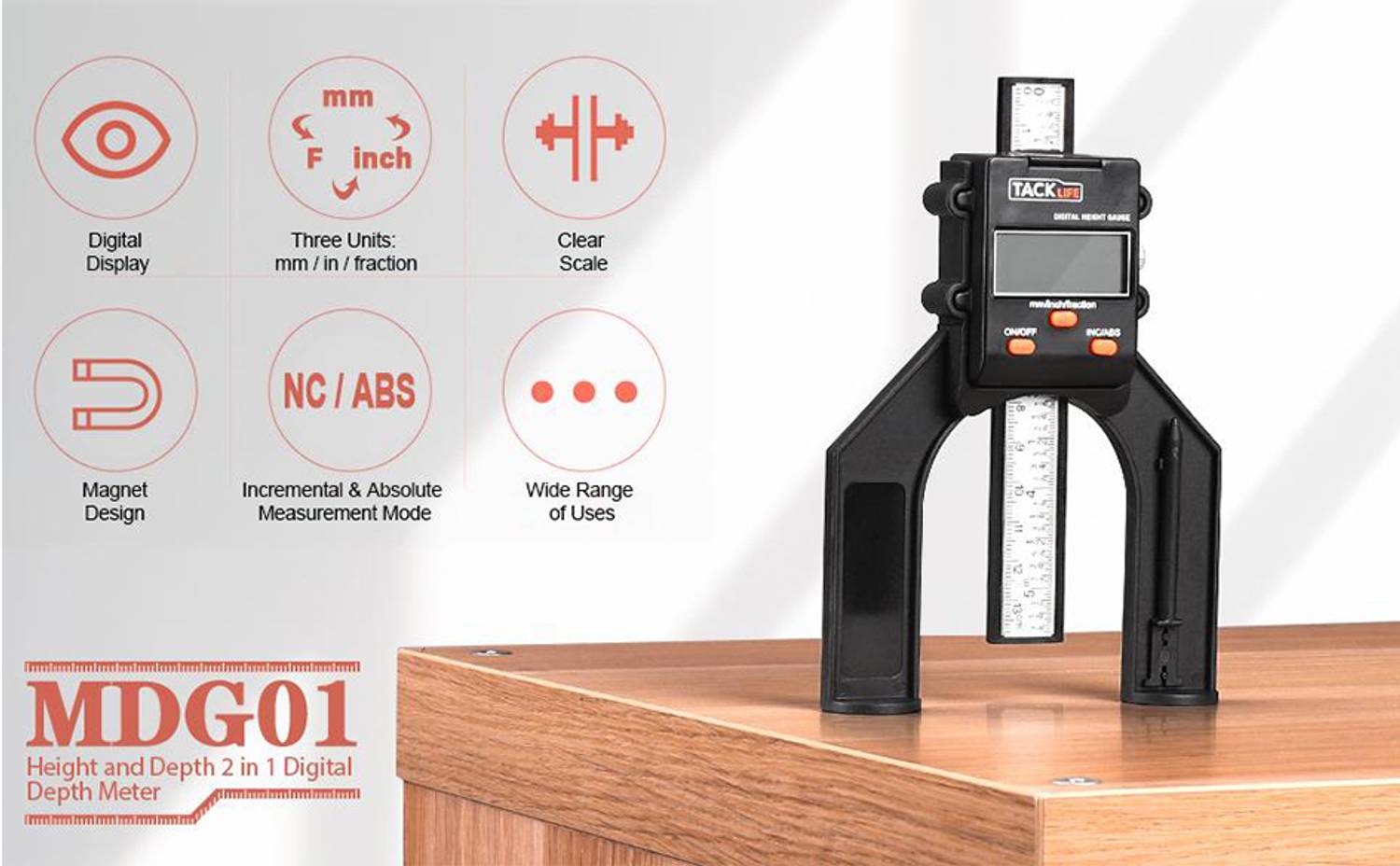 TACKLIFE MDG01, Digitaler Tiefenmesser, 80 mm Tiefenmesser, Messwerkzeug mit LCD-Digitalanzeige für Zimmerei