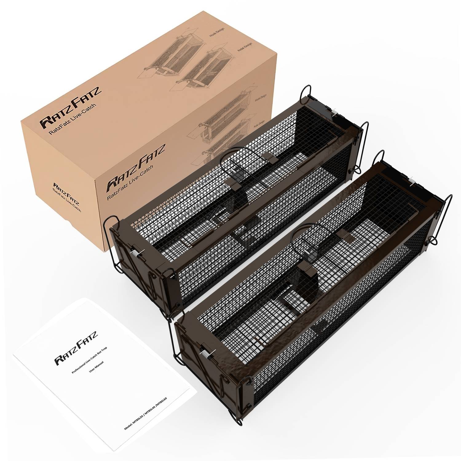 RatzFatz 2MTBSL60, 2x Lebendfalle Doppelpackung Groß, Premium Rattenfalle Wiederverwendbar, Mausefalle Lebend, 2 Türen, Ersetzt Schlagfallen, Sieben