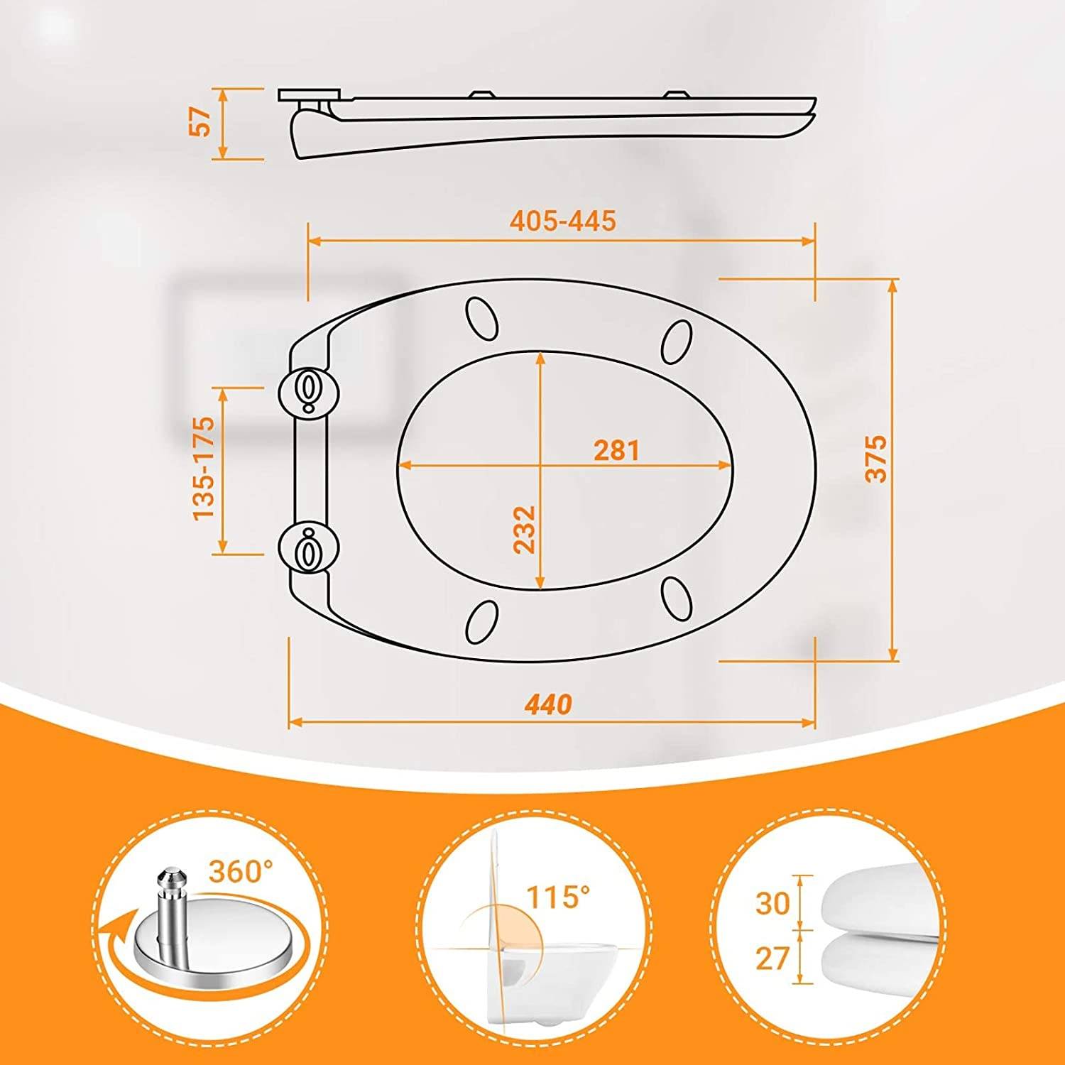 Klodeckel, O-Form WC Sitz, mit 4 Sitzdämpfer, Absenkautomatik und Quick-Realse Funktion, Toilettendeckel für Einfache Montage und Reinigung, Klobril