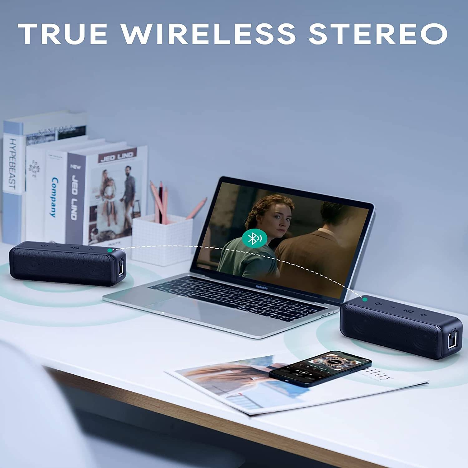 Aukey SK-A2BLU, blaue Farbe, tragbarer Bluetooth Lautsprecher, kabelloser Lautsprecher mit kraftvollem Stereo Sound und tiefem Bass, TWS Pairing