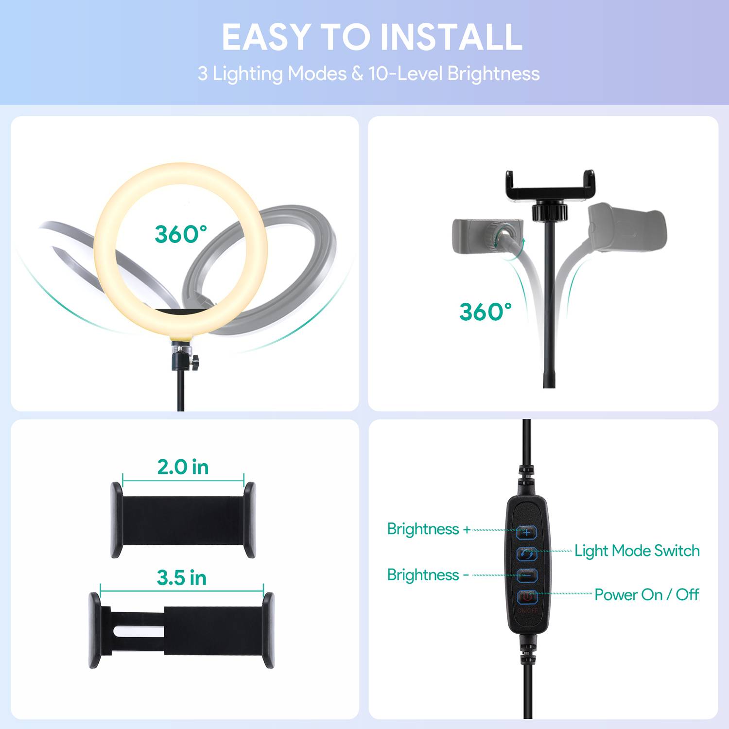 Aukey Ringlicht LT-T13, 10-Zoll-Dimmringlicht 360-Grad-universeller Telefonhalter Weiß