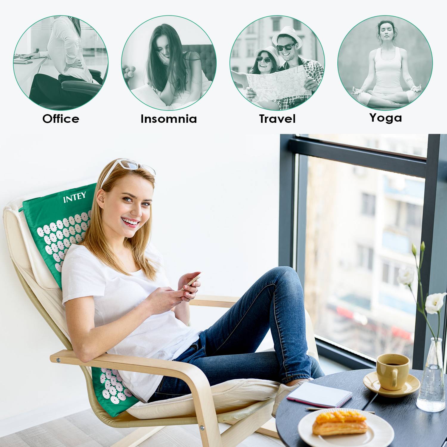 INTEY NY-CT34-Whigre Akupressur-Set, Akupressurmatte & Akupressurkiss zur Entspannung, Weiß/grün