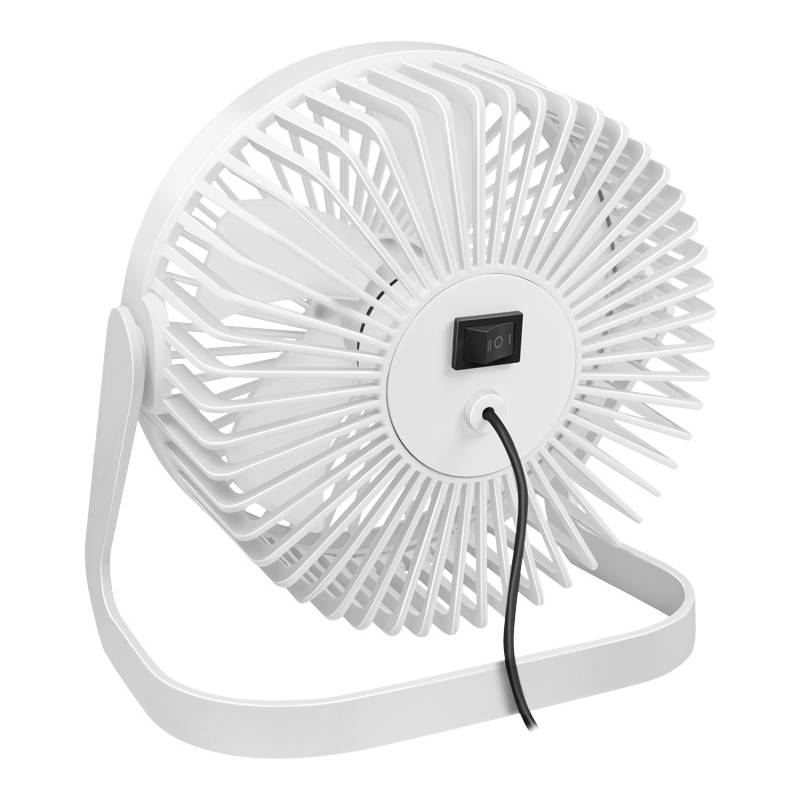 Ein kleiner, tragbarer, weißer elektrischer Ventilator mit einem kreisförmigen Rahmen und einem schwarzen Netzschalter auf der Rückseite sowie einem Netzkabel für die Stromversorgung.