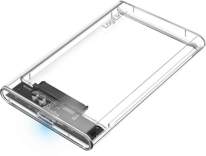 Transparente LogiLink Festplattengehäuse mit USB- und Anschlussports an der Seite, entwickelt für 2,5-Zoll-SATA-Laufwerke, mit durchsichtiger Gehäusekonstruktion.