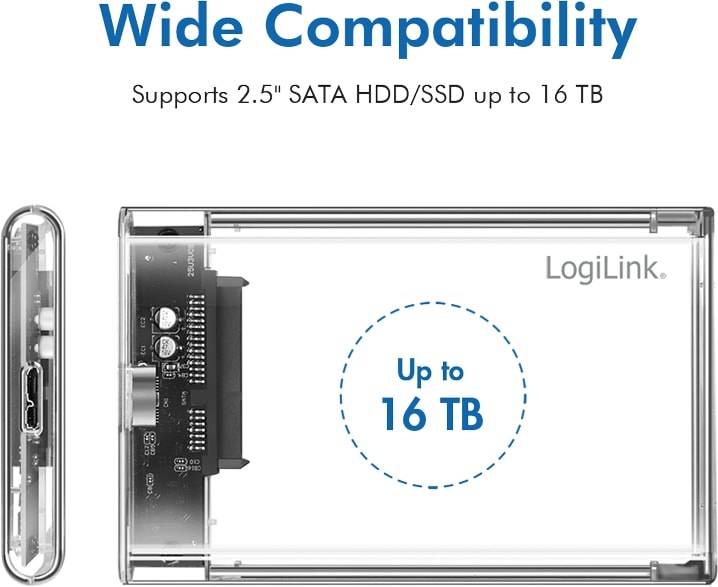 Bild zeigt ein transparentes Festplattengehäuse unter dem Text 