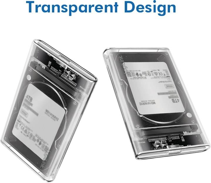 Zwei transparente externe Festplattengehäuse mit sichtbaren Innenkomponenten, die das Design hervorheben.