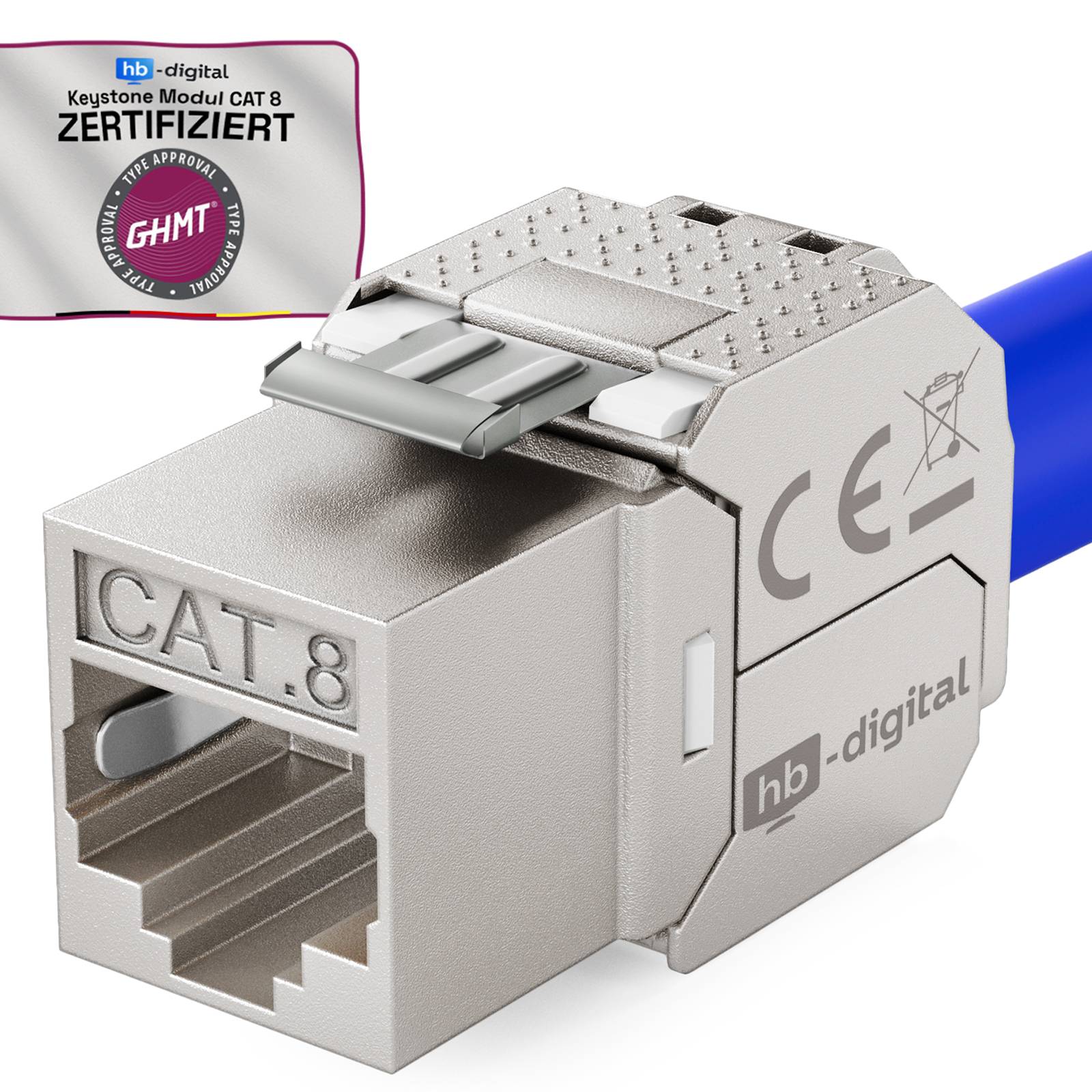 Silberner CAT 8 Ethernet-Kabelstecker mit blauem Kabel, gekennzeichnet mit „CAT.8