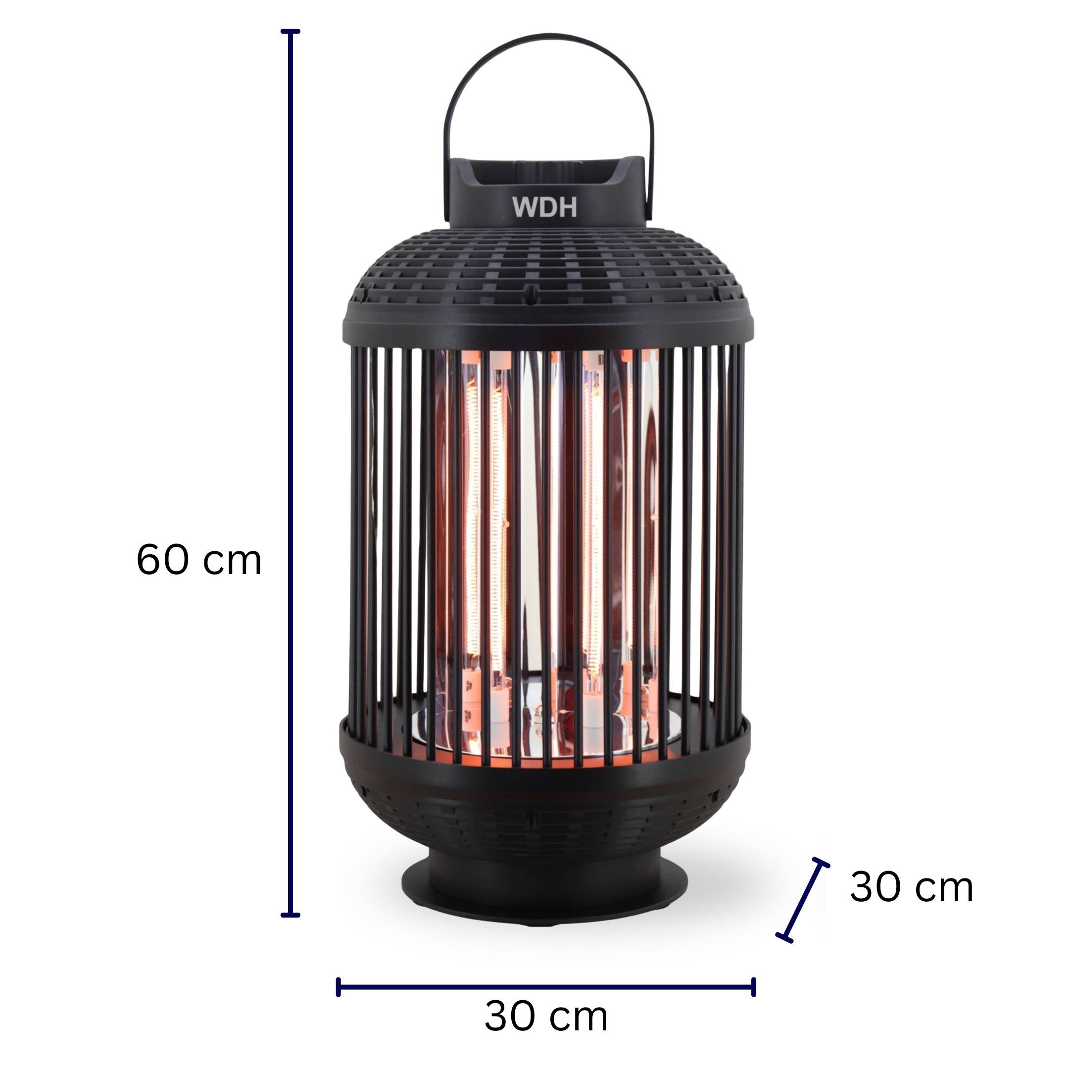 Schwarze zylindrische Laternenheizer mit Griff; die angegebenen Abmessungen betragen 60 cm Höhe und 30 cm Breite und Tiefe.