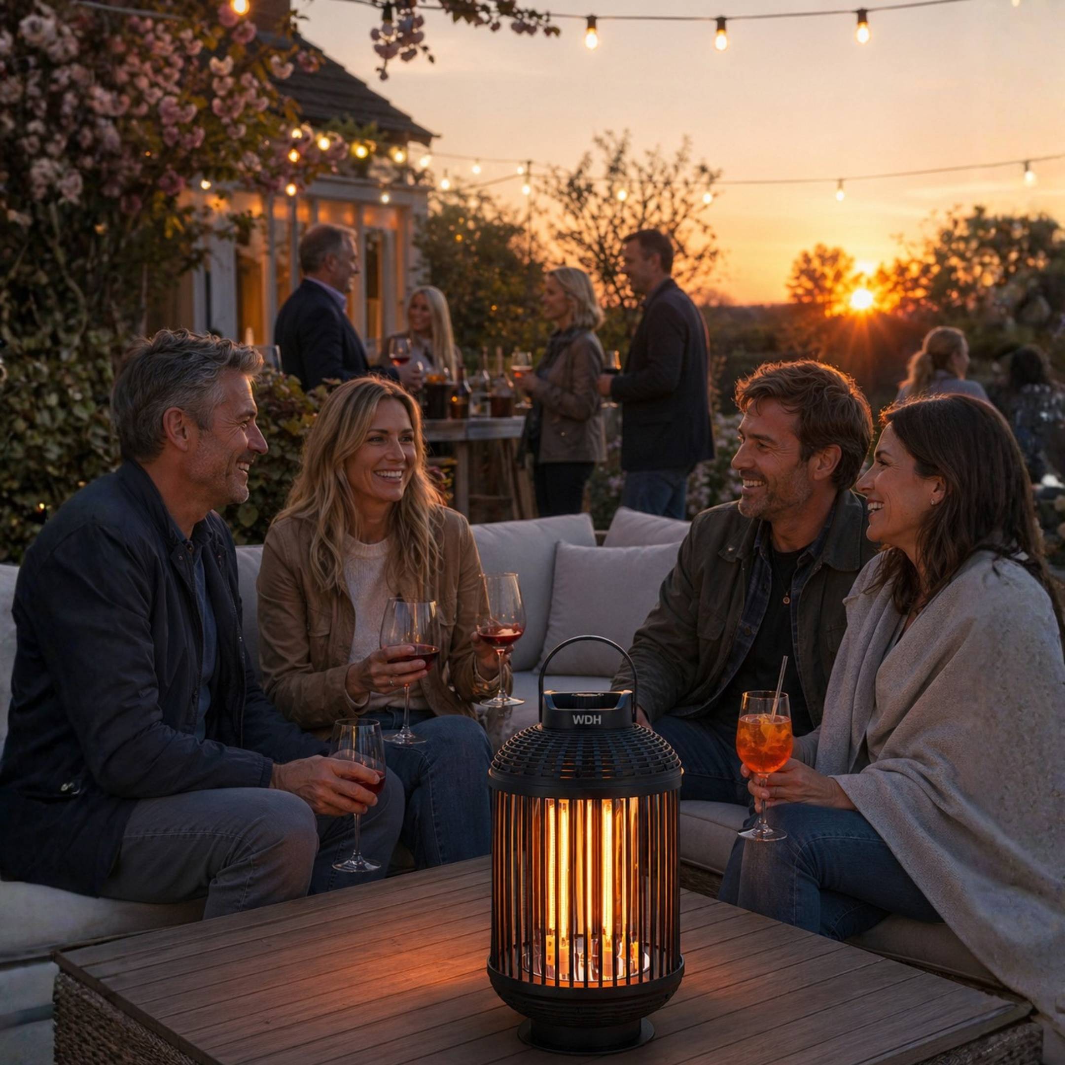 Freunde unterhalten sich auf einer Außenterrasse bei Sonnenuntergang, sitzen um eine leuchtende Laterne auf einem Couchtisch herum und halten Getränke in den Händen, während Lichterketten über ihnen hängen.