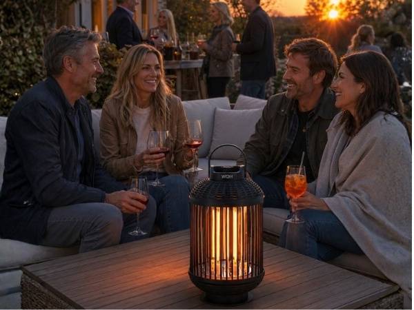 Vier Erwachsene sitzen bei Sonnenuntergang im Freien, lächeln und trinken Wein um einen leuchtenden Tischheizer auf einer Terrasse.
