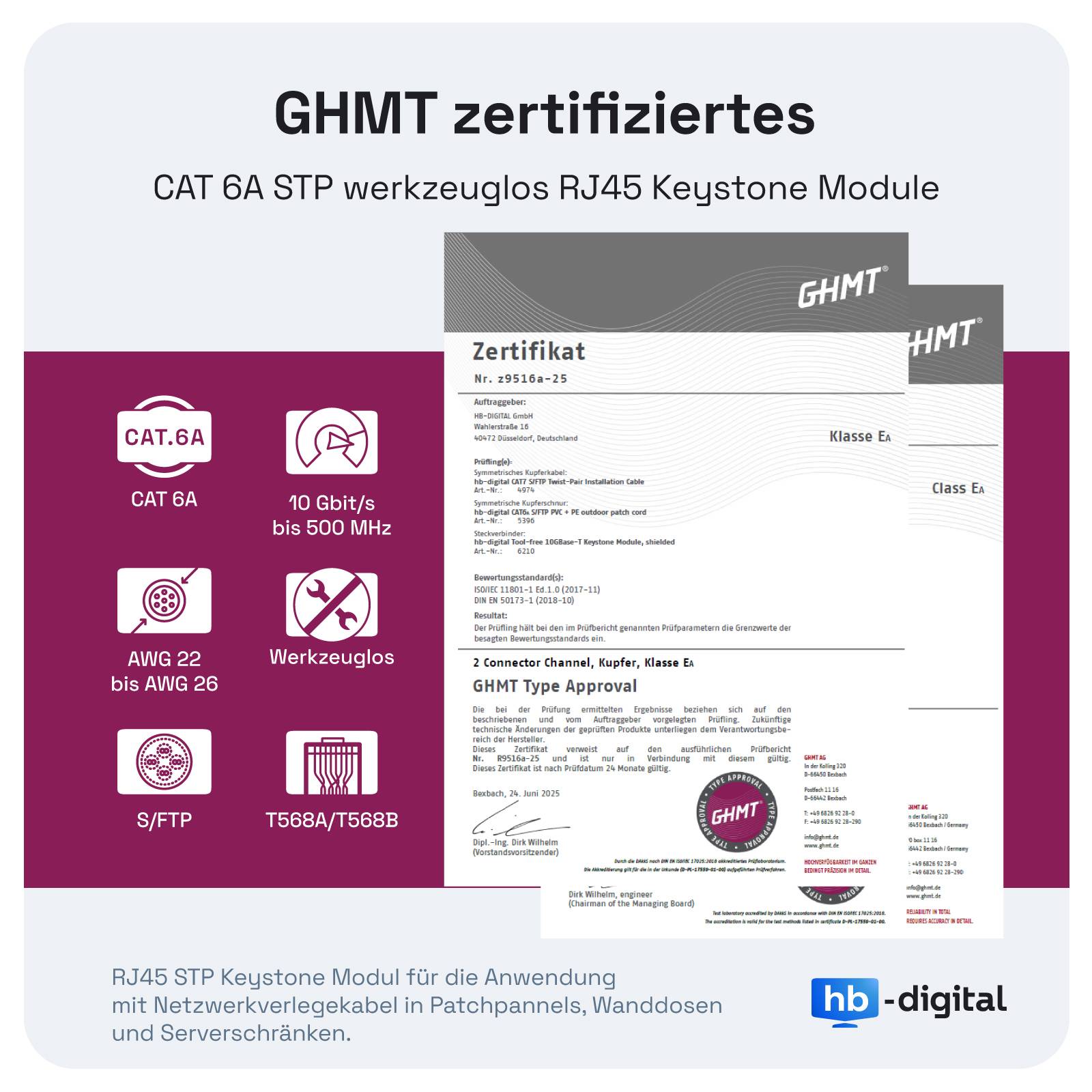 hb-digital 12x Keystone Modul CAT 6a RJ45 180 Grad LSA Anschluss Zinklegierung silber
