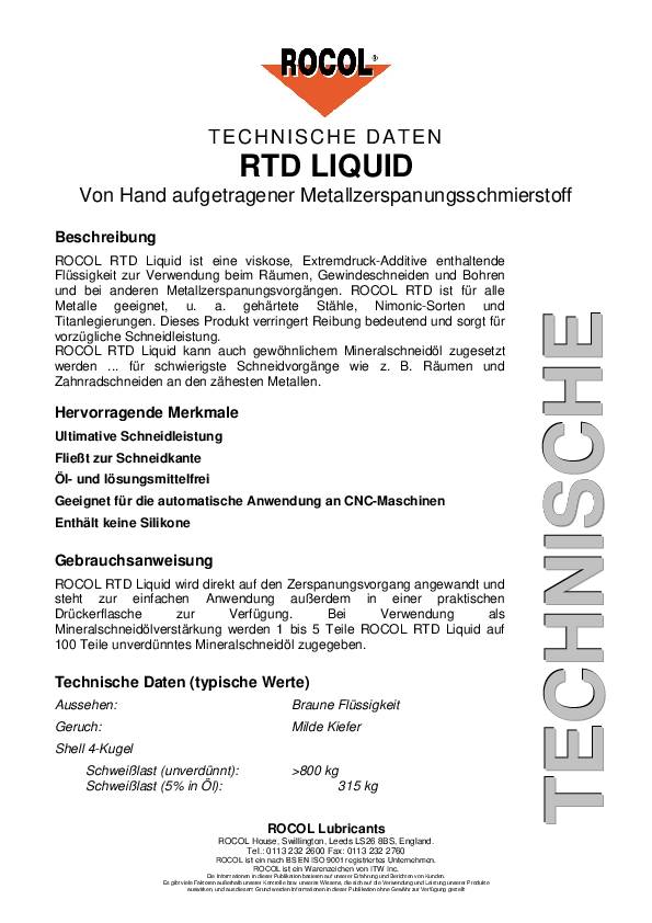 Metallzerspanungsschmierstoff RTD Liquid 400g Flasche ROCOL 12 Dosen