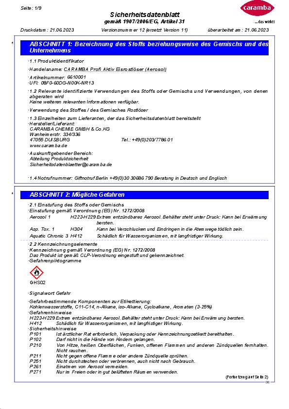 Aktiv Eisrostlöser 500ml Spraydose CARAMBA 6 Dosen