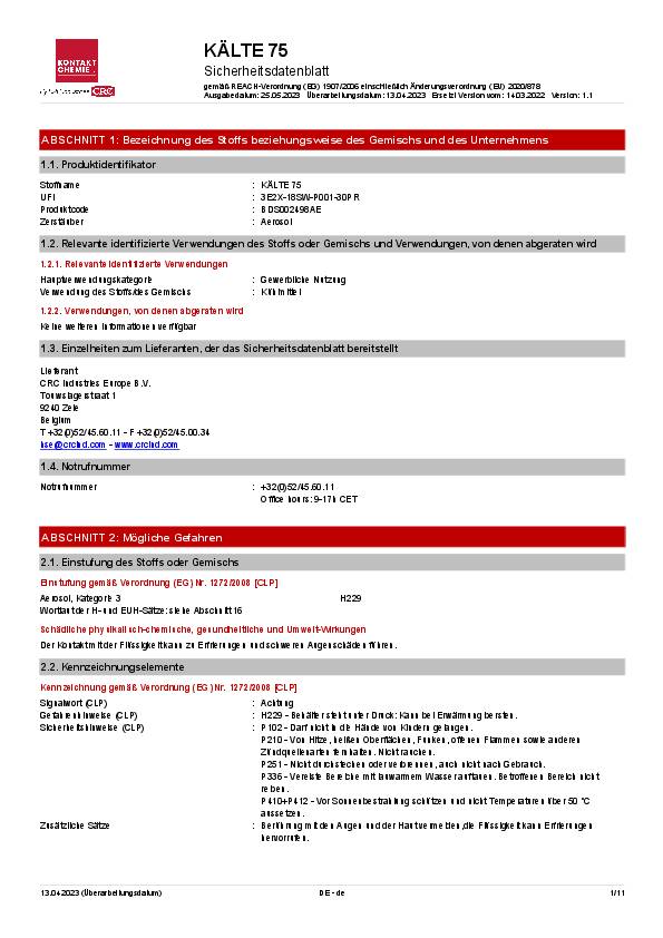 Kältespray KÄLTE 75 400 ml farblos b.max.-45GradC Spraydose CRC 12 Dosen