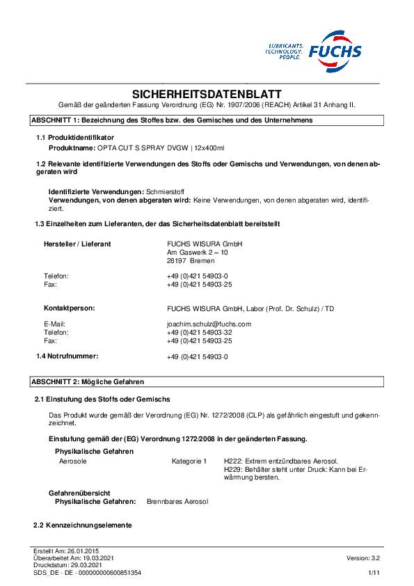 Spezialschneidöl Cut S DVGW 400 ml DVGW Spraydose OPTA 12 Dosen