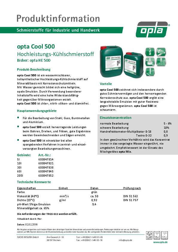 Hochleistungs-Kühlschmierstoff Cool 500 wassermischbar 5l Kanister OPTA