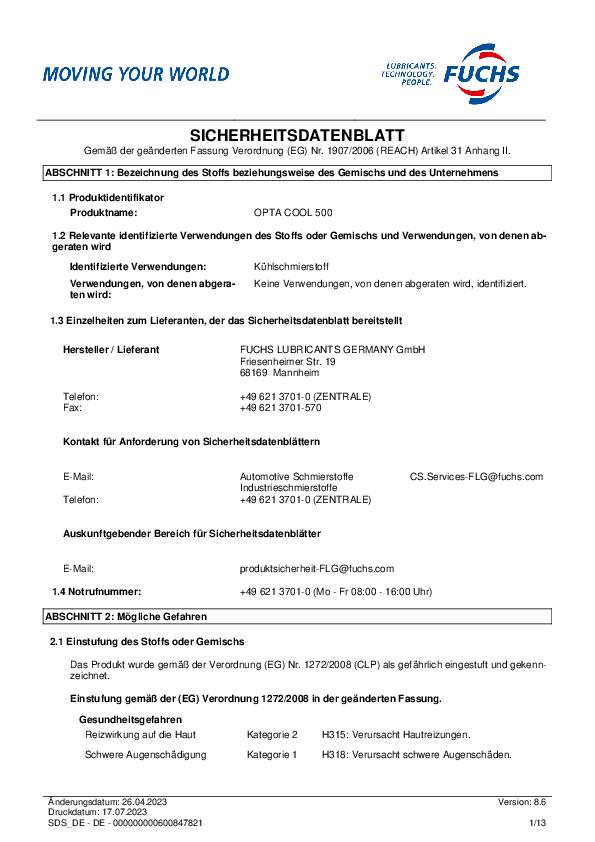 Hochleistungs-Kühlschmierstoff Cool 500 wassermischbar 5l Kanister OPTA