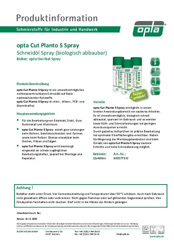 Spezialschneidölspray Cut Planto S 400 ml Spraydose OPTA 12 Dosen