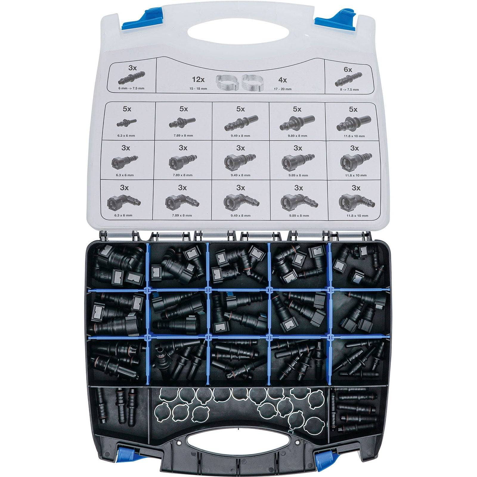 Kunststoff-Aufbewahrungsbox mit sortierten Anschlüssen und Komponenten für Bewässerungssysteme, in beschrifteten Fächern nach Größe und Art organisiert.