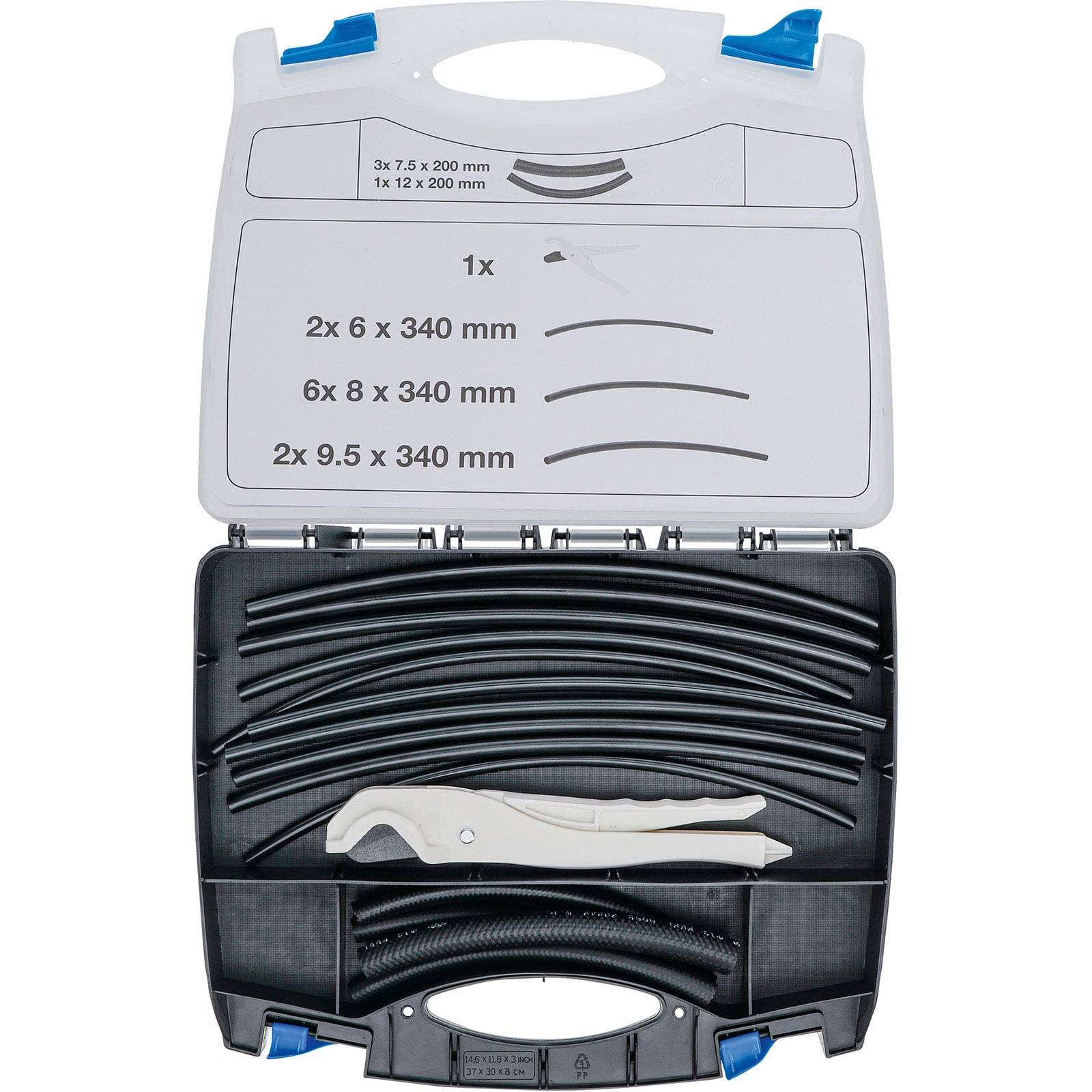 Biegewerkzeug-Set für Kunststoffkabelkanäle mit mehreren Größen; enthält Biegewerkzeug und Rohre in einem robusten Kunststoffkoffer mit Tragegriff.