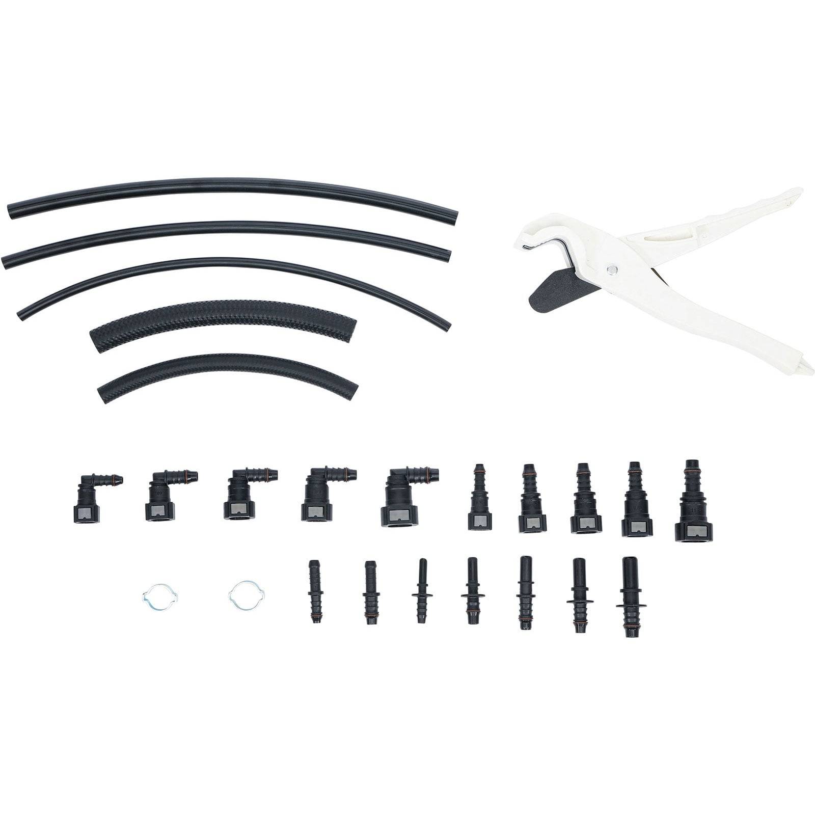 Bewässerungstropfsystem-Komponenten, einschließlich Schlauch, Verbindungsstücken und einem Werkzeug, auf weißem Hintergrund angeordnet.