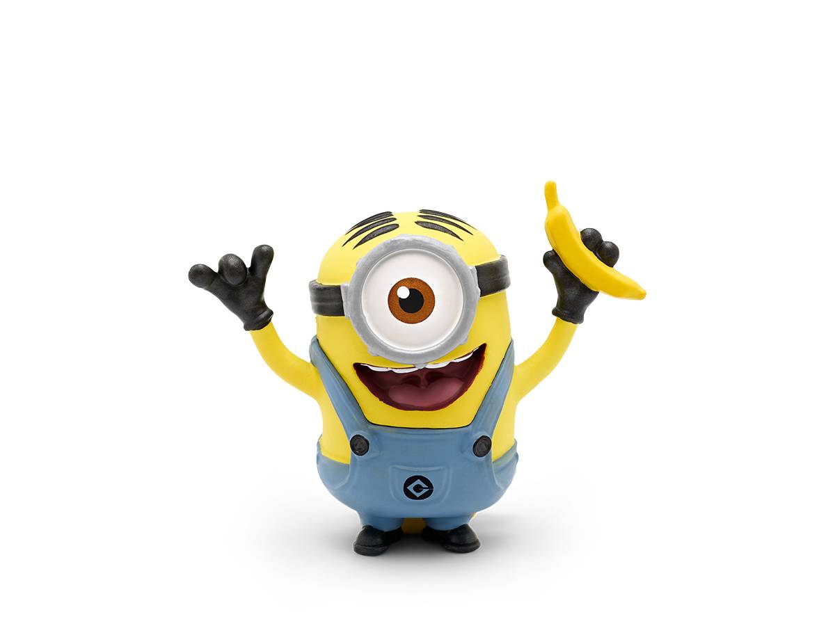 Eine lächelnde gelbe Minion-Figur mit einem Auge, blauen Overalls und erhobenen Armen, die eine Banane auf weißem Hintergrund hält.
