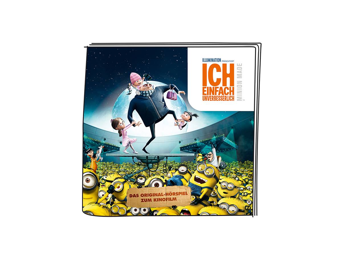 Minions-Filmcover mit Gru, der ein Mädchen in einer Menge von Minions hält, mit dem Titel „ICH EINFACH