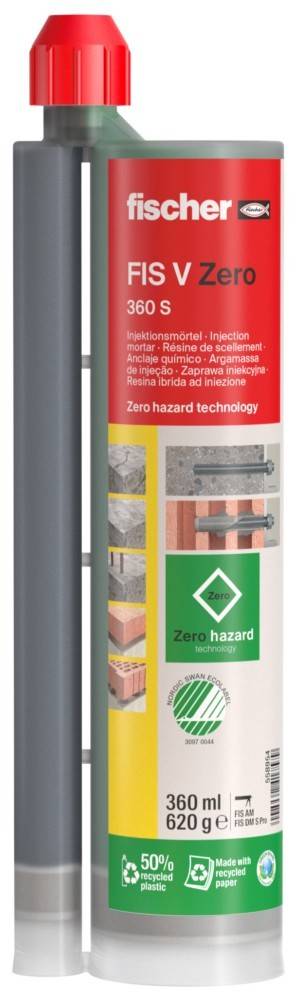 Eine Injektionsharzkanister mit Anwendungsbildern im Baubereich, beschriftet mit „Null-Gefahren-Technologie