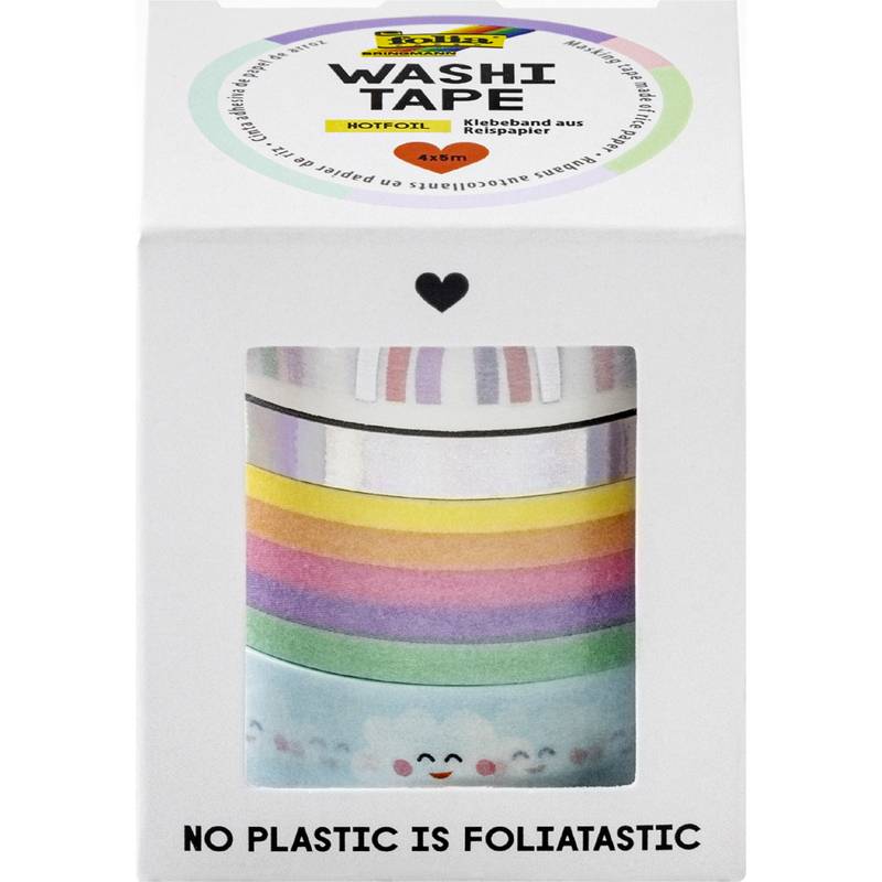 Ein Set bunter Washi-Tapes in einer weißen Box mit einem Herzsymbol. Der Text auf der Box lautet: „KEIN PLASTIK IST FOLIATASTISCH.