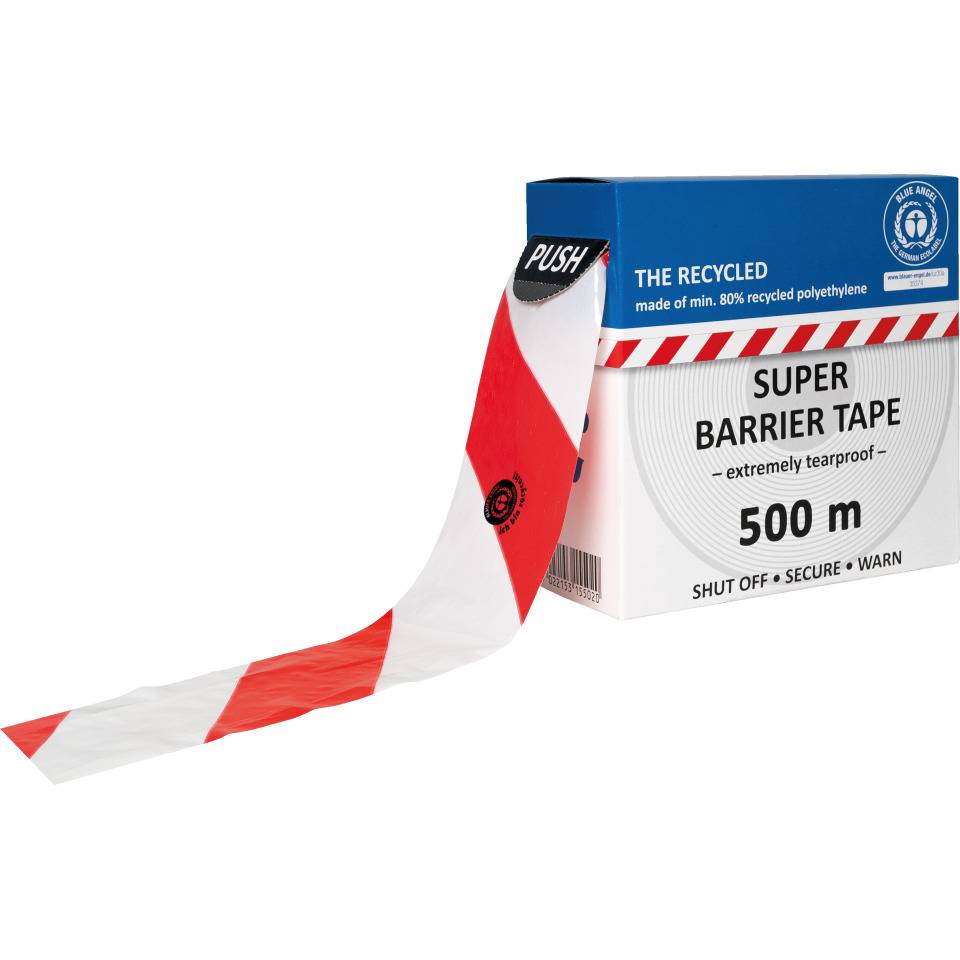 Recycling Absperrband Super, rot/weiß schraffiert, Polyethylen, 80mm, 500m/Rolle